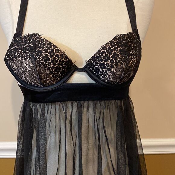 NWT Victoria’s Secret Lace Mesh Black Halter Teddy Babydoll Lingerie Nightie 32B - Picture 4 of 16
